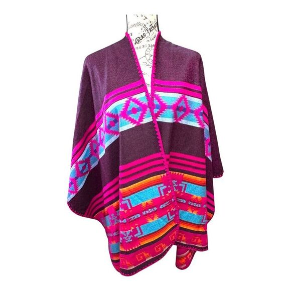 Reversible Tribal Print Poncho Wrap Shawl Kimono Alpaca Vintage Southwest Aztec - Picture 2 of 5